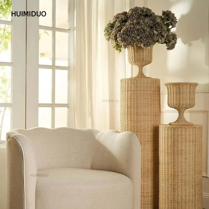 French Pastoral Rattan Flower Basket Tall Base Hand-woven Storage Bottle Decorative Flower Device Creative Home Ornament
