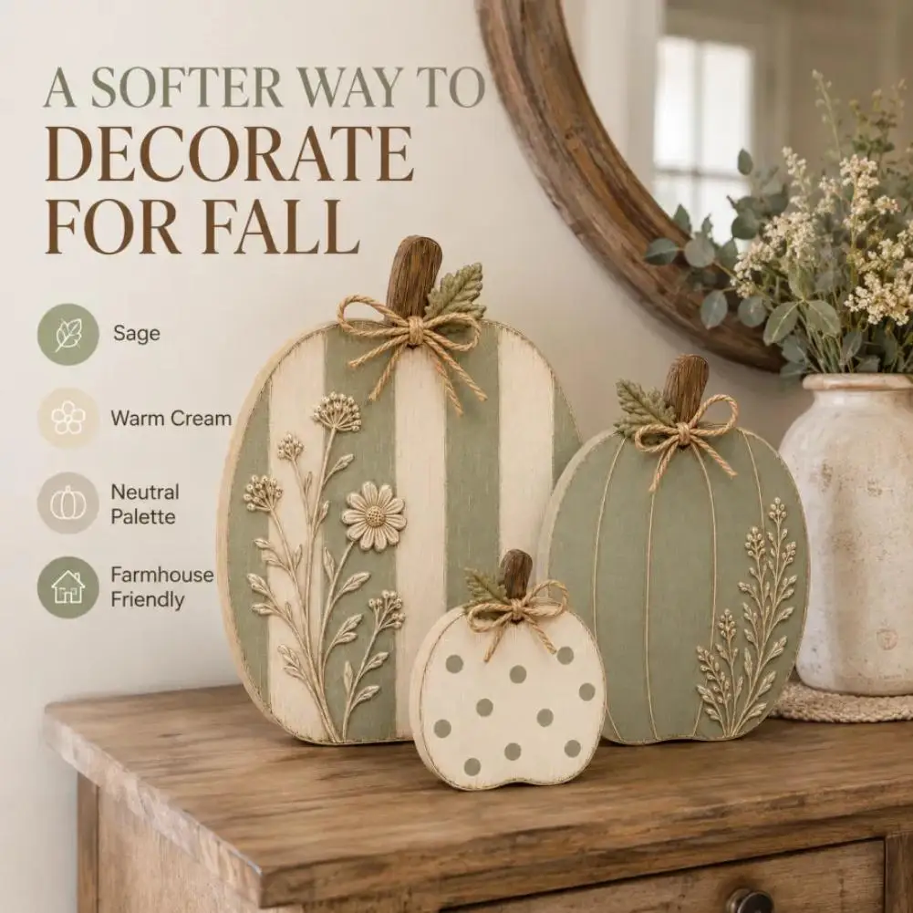 3Pcs Farmhouse Wooden Pumpkin Table Decor Embossed Floral Polka Dot Pumpkin Ornament Fall Thanksgiving Home Tabletop Decor