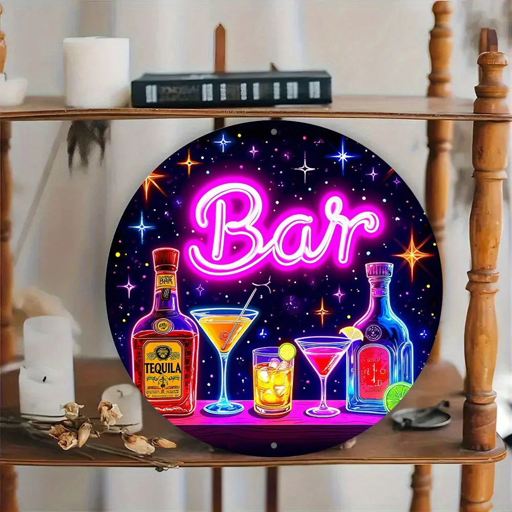 8-Inch Round Aluminum Neon Bar Sign with Bottles - Vibrant Wall Decor for Kitchen, Garden, Office - English Text, Ideal for New