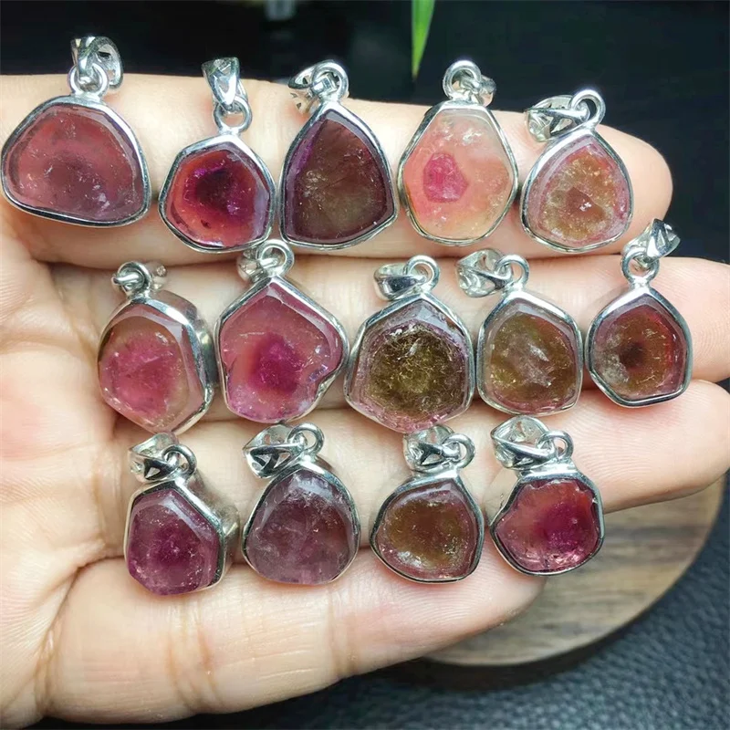 S925 Natural Watermelon Tourmaline Pendant Carving Crystals Healing Home Decoration Accessories Room Decor 1pcs