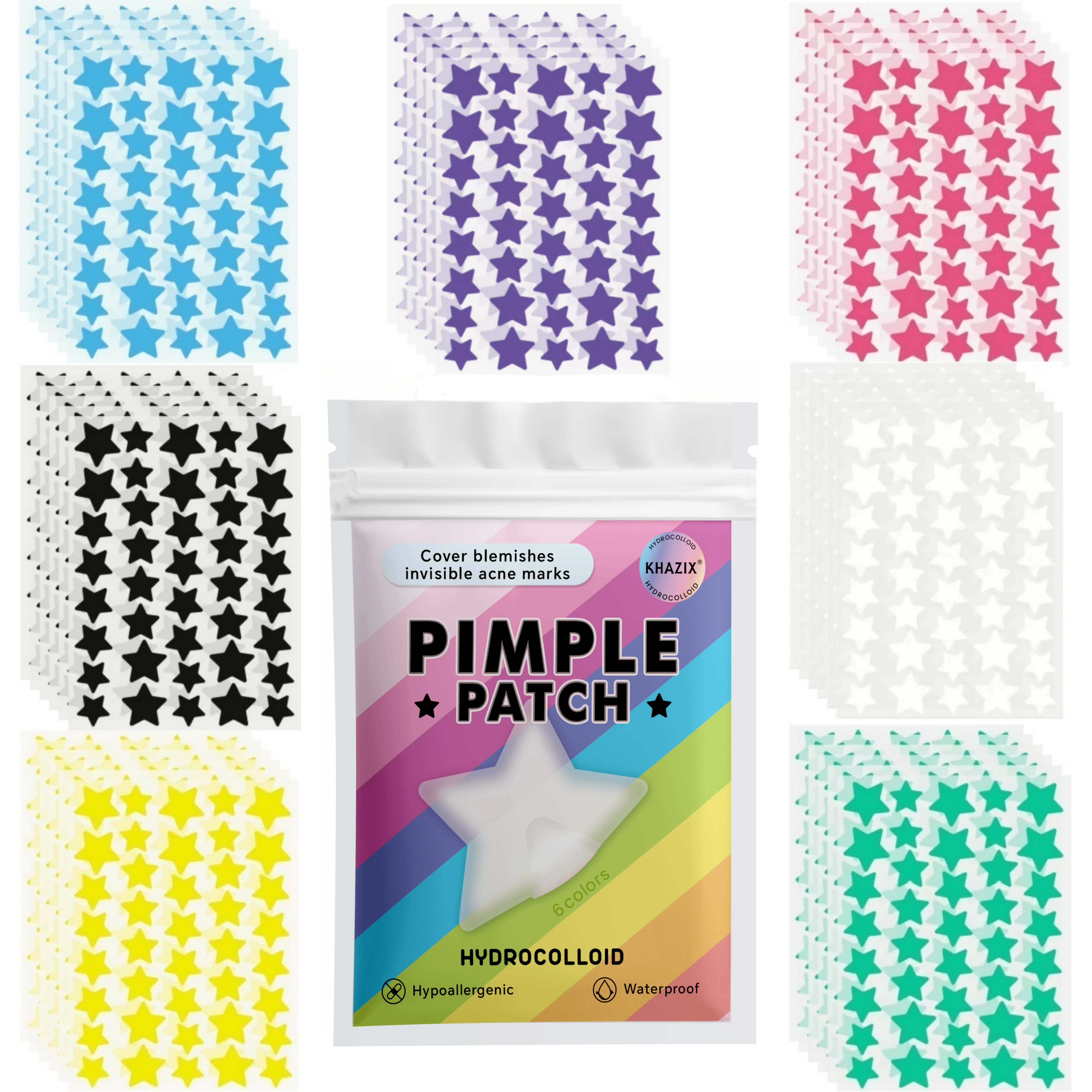 

Гидроколлоидные патчи KHAZIX Rainbow Pack в форме звездочек, разноцветные наклейки от прыщей для всех типов кожи, гипоаллергенные