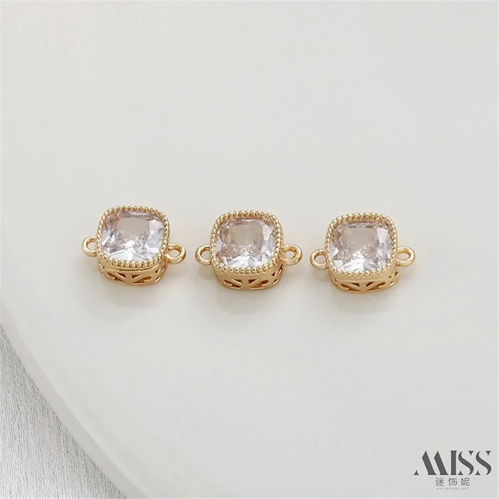 Liontin Ganda Persegi Berlapis Emas 14K dengan Zirkon Berwarna untuk Aksesori Pembuatan Perhiasan Gelang Kalung DIY