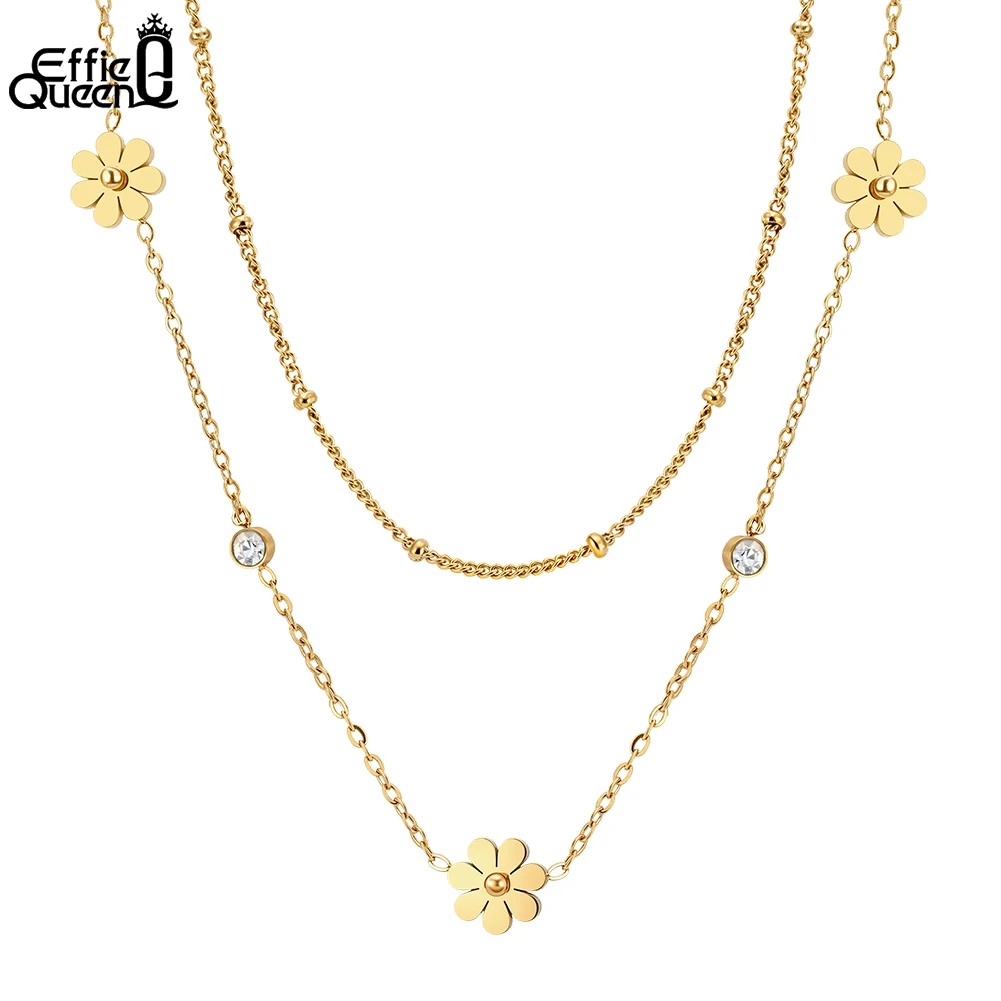 EFFIE QUEEN Stainless Steel CZ Flower Pendant Double-Layer Necklace Women's Unique Collarbone Chain Jewellery Creative STKN30