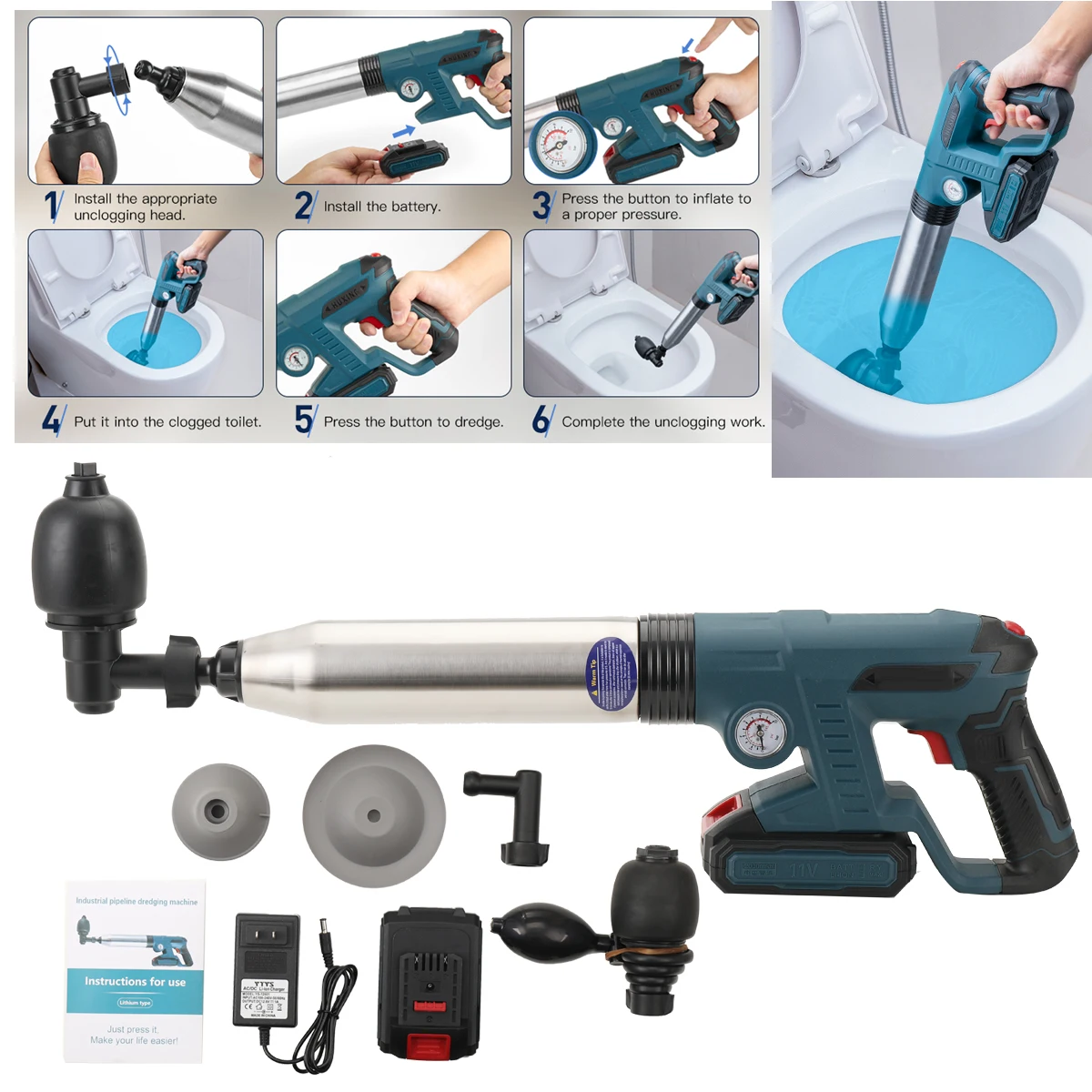 Plunger Toilet tekanan tinggi, alat saluran udara, pembersih pipa wastafel, Blaster listrik, Multi fungsi