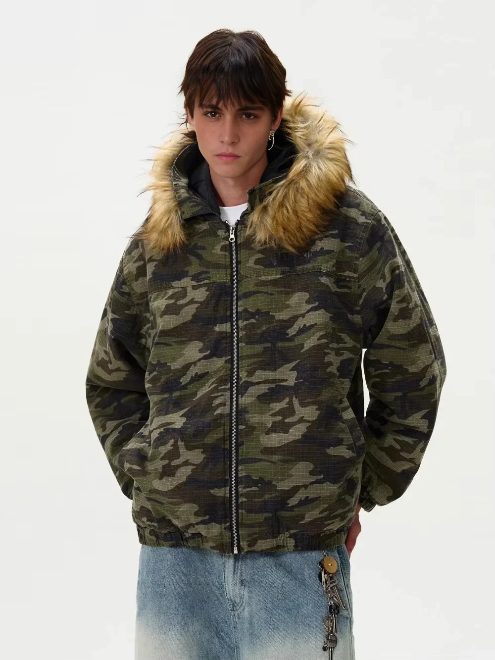 Tung Sung American Camouflage Flight Puffer Jacket Retro Casual Removable Fur Collar Thermal Winter Coat