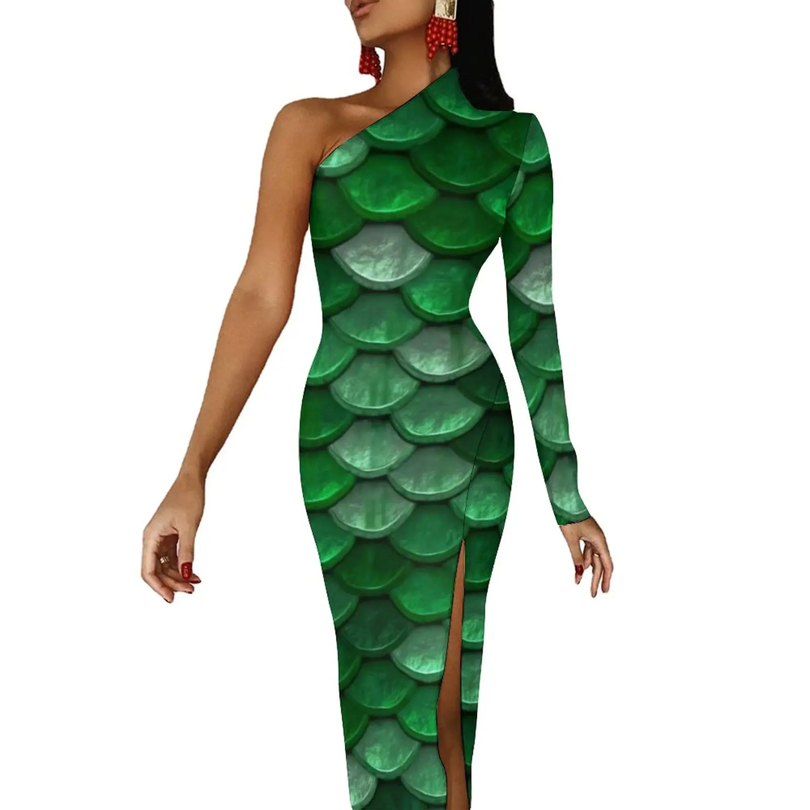 Colorful Metallic Long Dress Lady Green Scales Print Streetwear Maxi Dress Night Club Bodycon Dresses Side Split Pattern Vestido