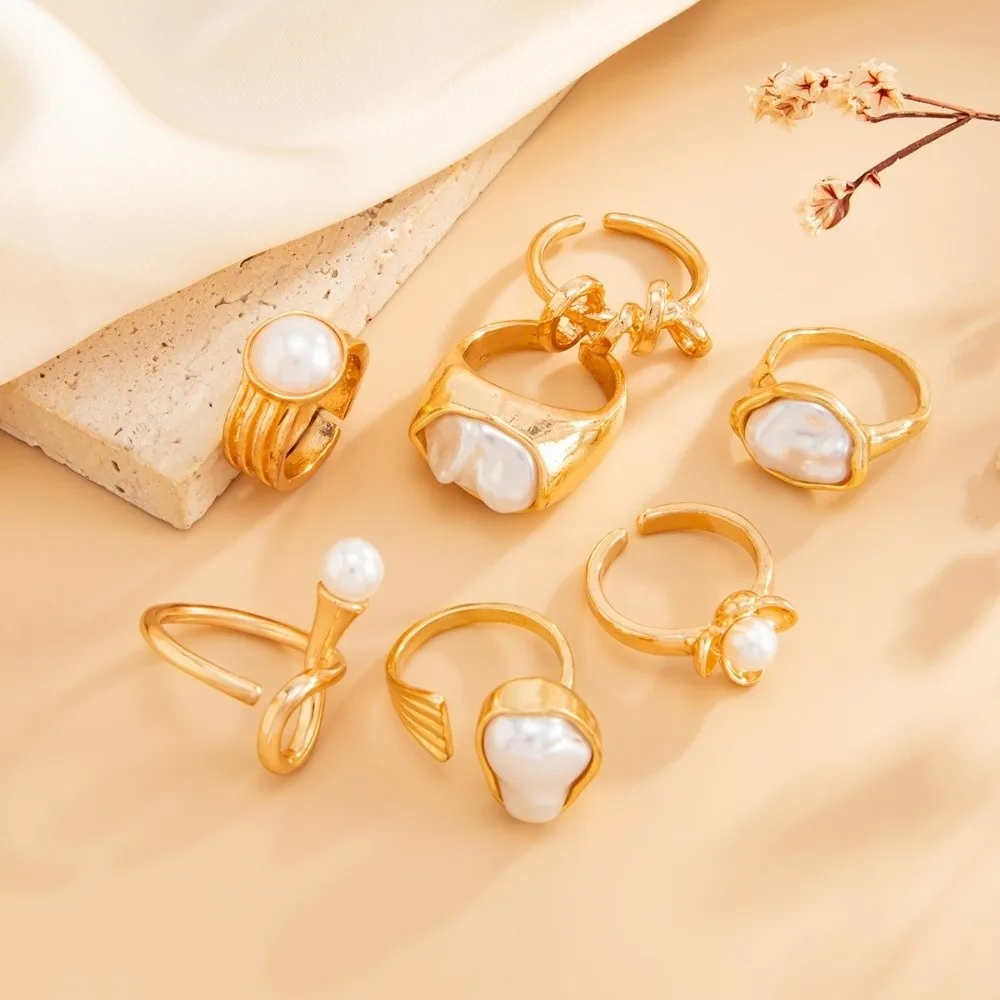Baroque Imitate Pearl Ring Set Geometric Mold Flower Outline Finger Jewelry Ins Sweet Cool Tone Multi Stack Layout