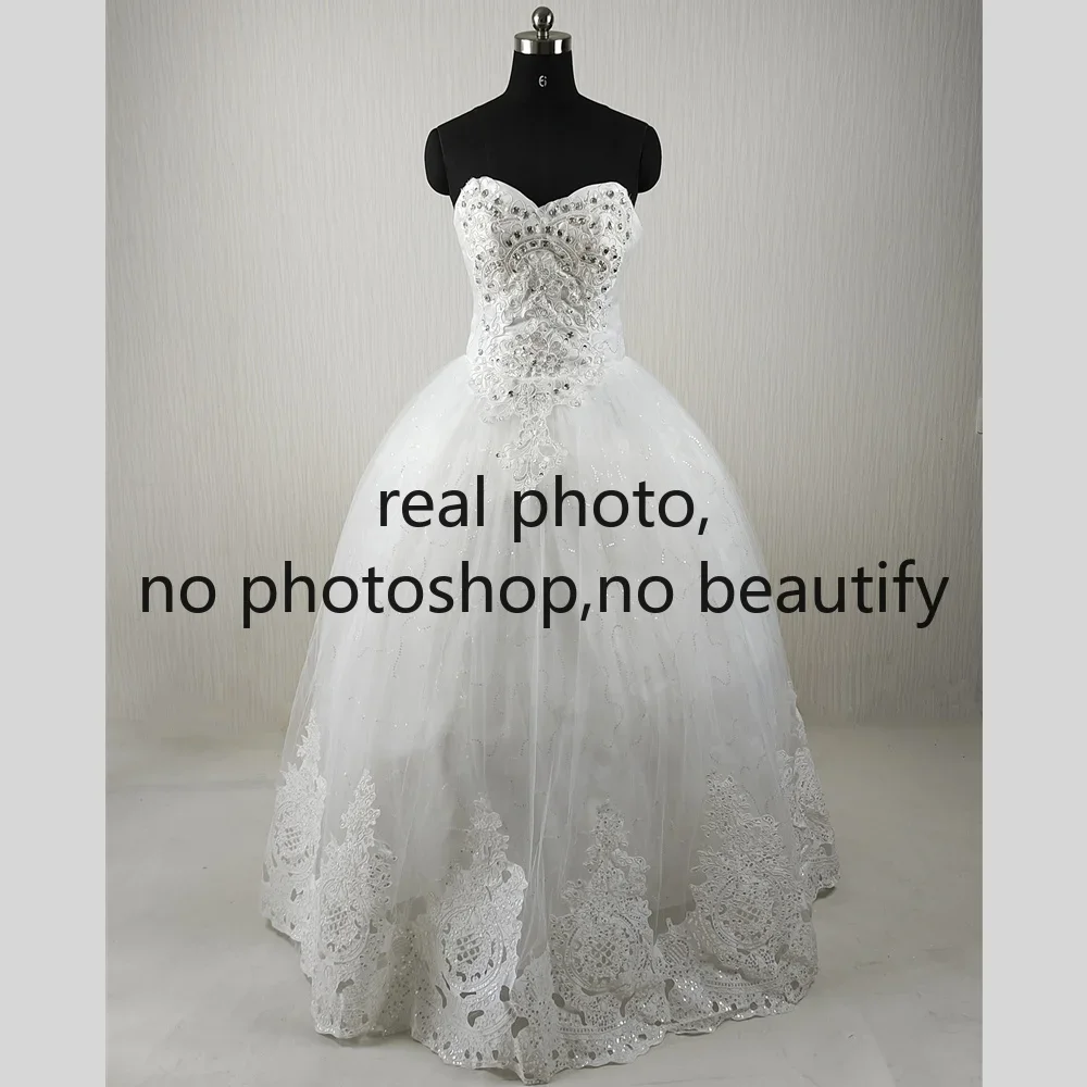 Clearance Size 6 Wedding Dress Beads White Embroidery Strapless Lace up Princess Floor Length Bride Ball Gown 1011