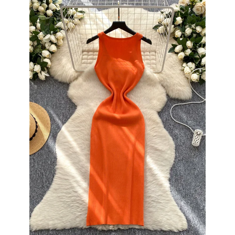 レディース サマー 無地 スリム シック Vネック ニット ボディコン ロング タンク ドレス カジュアル パーティー シース ドレス エレガント ストリートウェア ドレス