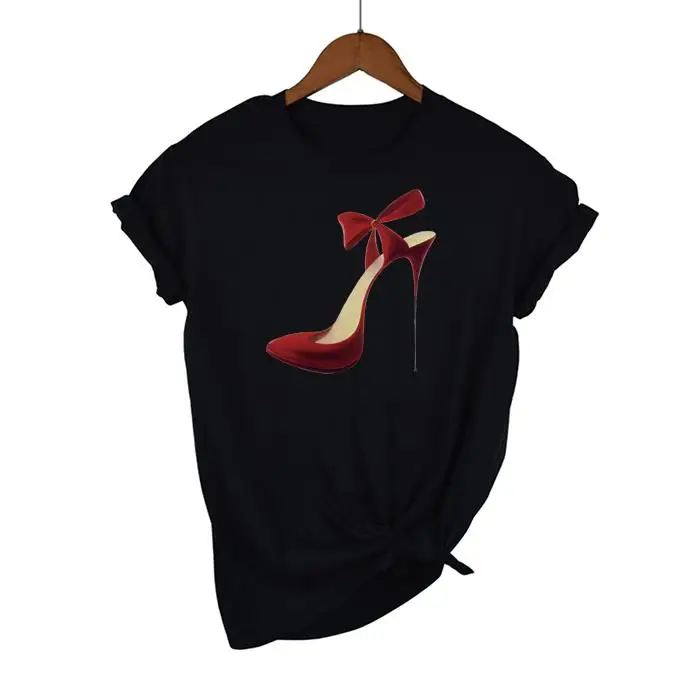 Fashion Women T-shirt High Heel Shoes T Shirt Tops Print T-shirt Female 2021 Summer Short Sleeve Tee Shirt Femme Clothing