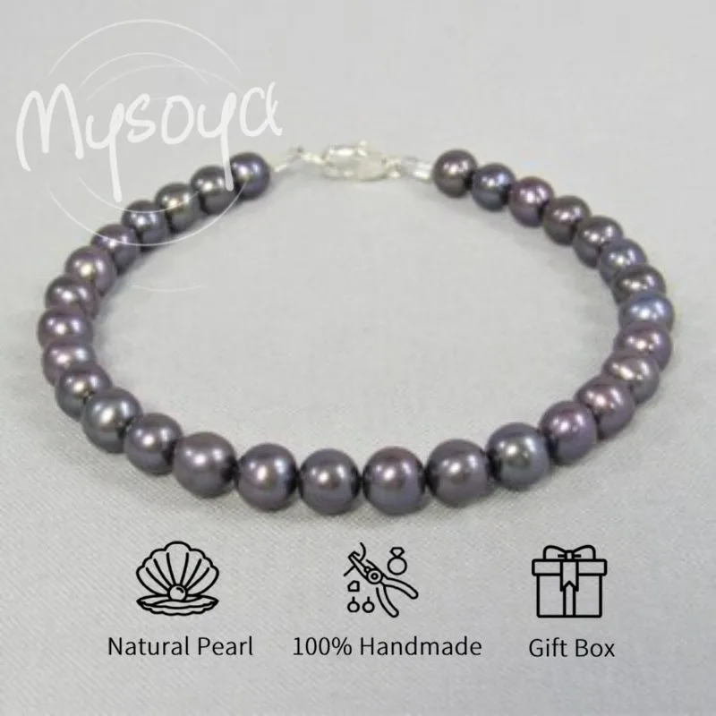 

MYSOYA черный и серый браслет из пресноводного жемчуга 7-8 мм с подарочной коробкой для нее/его дня рождения/свадьбы/Рождества/новогоднего подарка