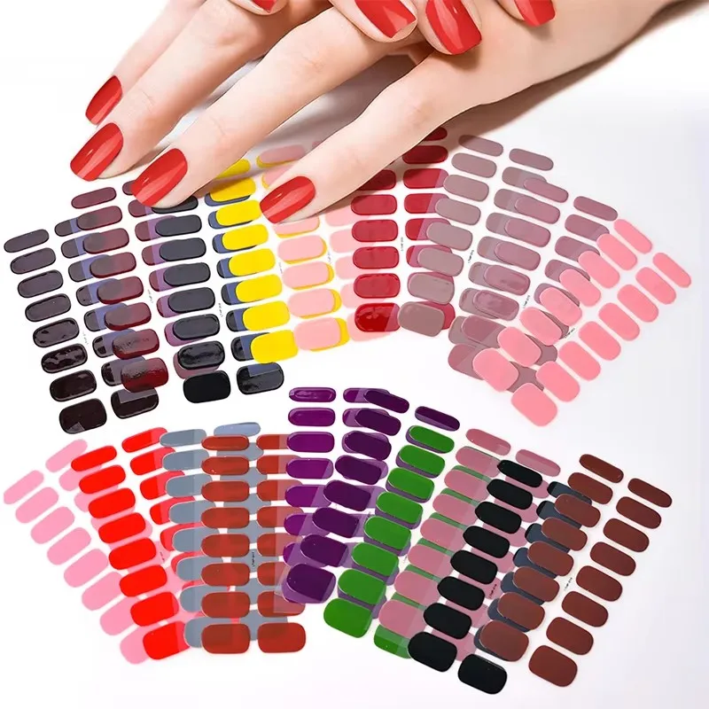 16 Tips Oval Solid Color Nail Stickers Decals UV Semi Curing Gel Nail Sticker Christmas Red/Green Full Cover DIY Manicure Wraps