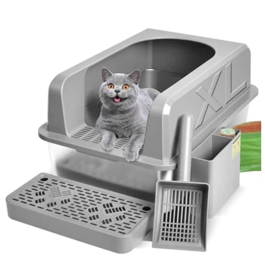 

Stainless Steel Cat Litter Box 37L Extra Large Open Top for Large Cats and Multi-Cat High Sided Leak-Proof Non-Stick Odor Resis