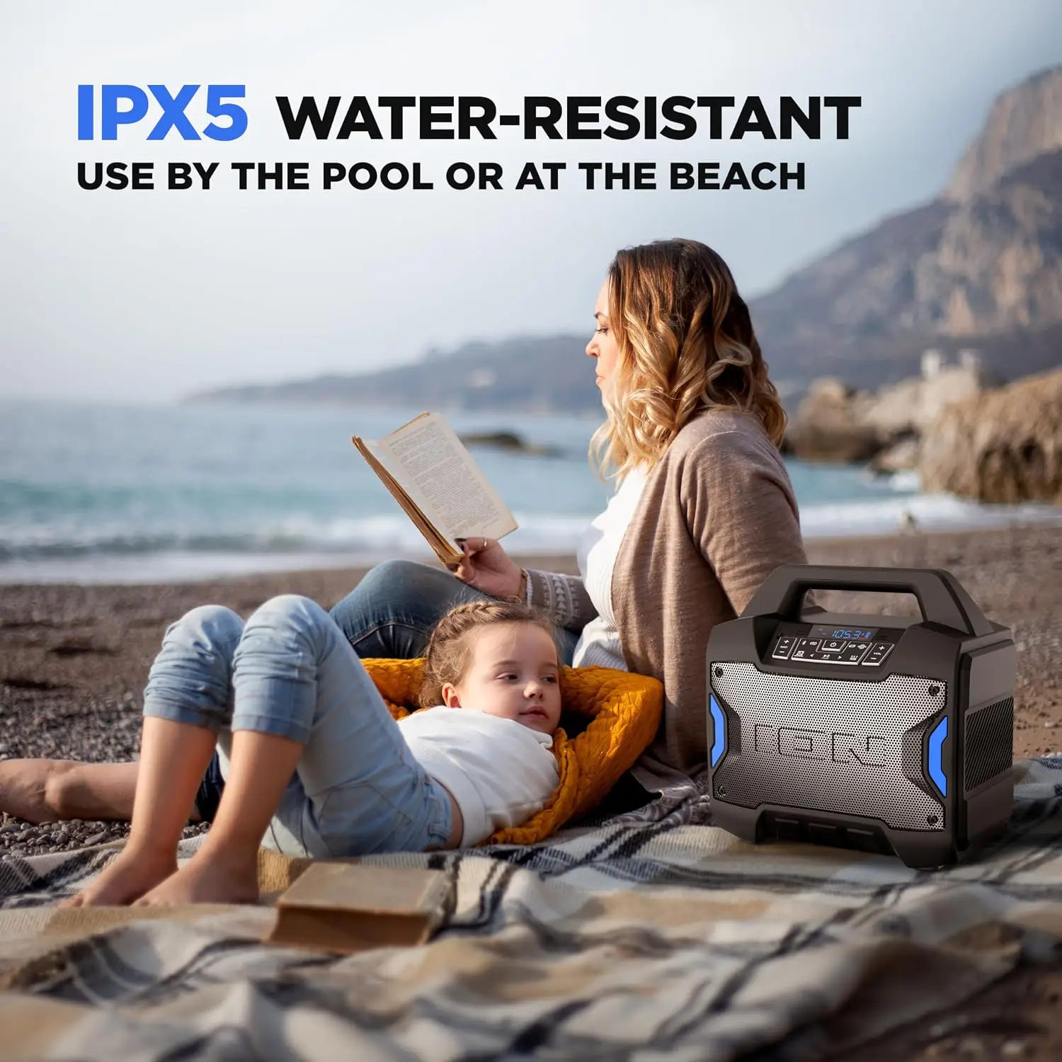 Portable Outdoor Bluetooth Speaker, 60W, Water-Resistant, with Radio, Mic Input, USB Charging, Stereo Pairing, Bass Boost & App Control - Ideal for Parties and Outdoor Events