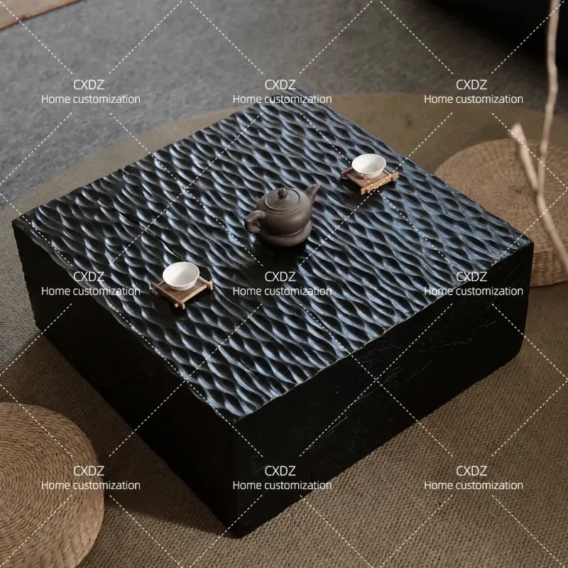 Square wabi-sabi wind carbonized black log wooden pier coffee table solid wood edge hammer pattern bed and breakfast wind