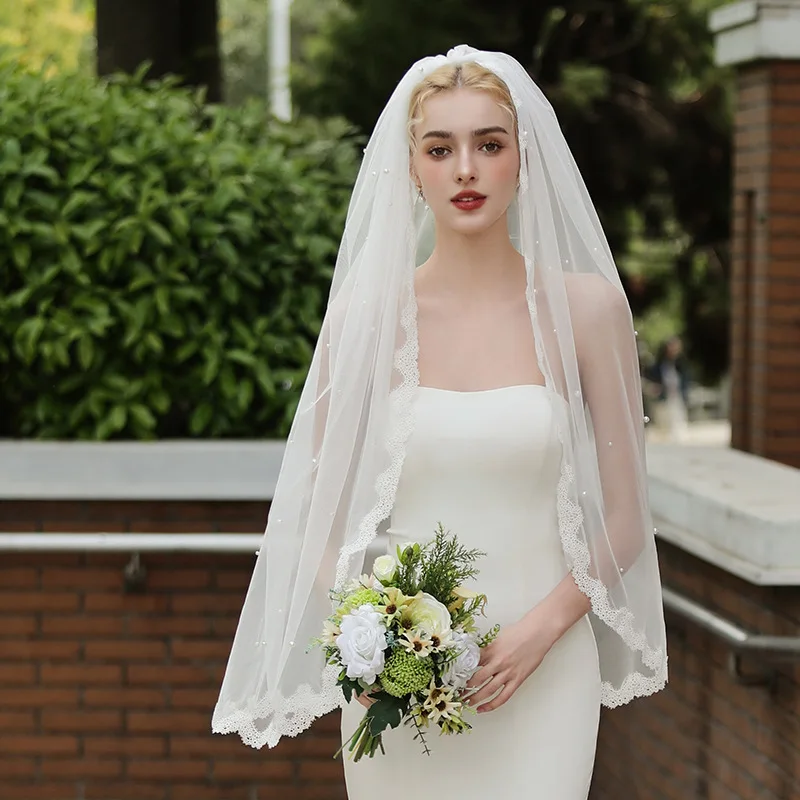 100cm One Layer Lace Appliques Wedding Veils Pearls Comb Short Bride Veil Women Accessories Bridal Headpiece Wedding Accessory