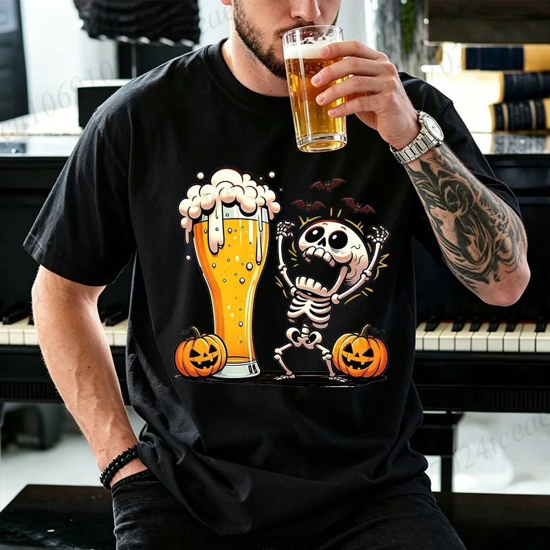 Halloween Dancing Skeleton Beer Printed Men's T-Shirts Unisex Funny Drinking Graphic Casual Tee Shirts Spooky Season Party Tops