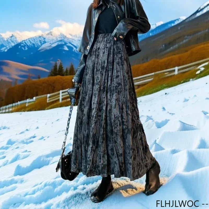 Retro Vintage Chinese Style Embossed Velvet Umbrella Skirts for Women Autumn Winter Elastic High Waist Long Maxi Skirt