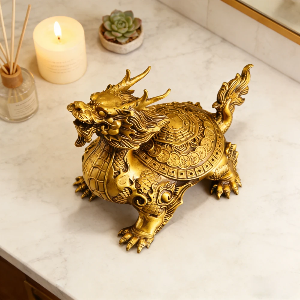 Brass Dragon Tortoise Desk Ornament Desktop Decorative Crafts for Feng Shui Wealth & Protection Home Office Artware Decor Statue view 4
