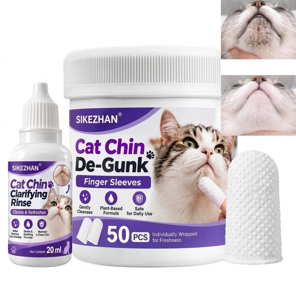SIKEZHAN Cat Chin Acne Cleaner Kit 50Pcs Finger Sleeves Wipes with 20ml Clarifying Rinse Gentle Pet Blackhead Clean Grooming Set