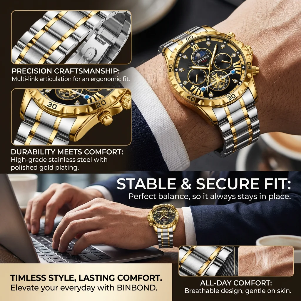 1pc Men's Two Tone Strap Watch Black Dial Roman Numerals Chronograph Moon Phase Skeleton Design Hot Sale Trendy Wristwat