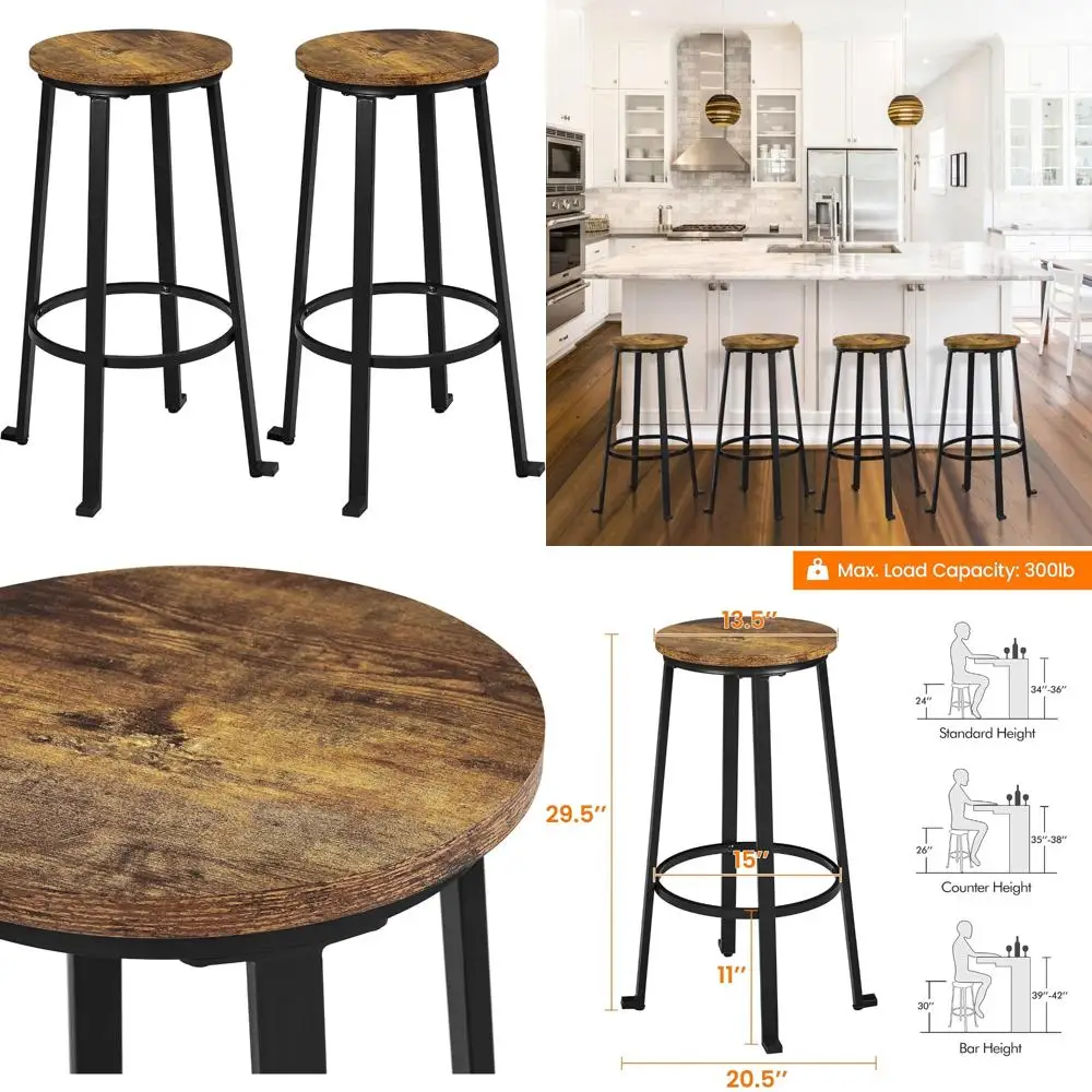 

Industrial Style 29.5 Inch Tall Bar Stools Set of 2, Round Backless Chairs with Metal Legs for Dining