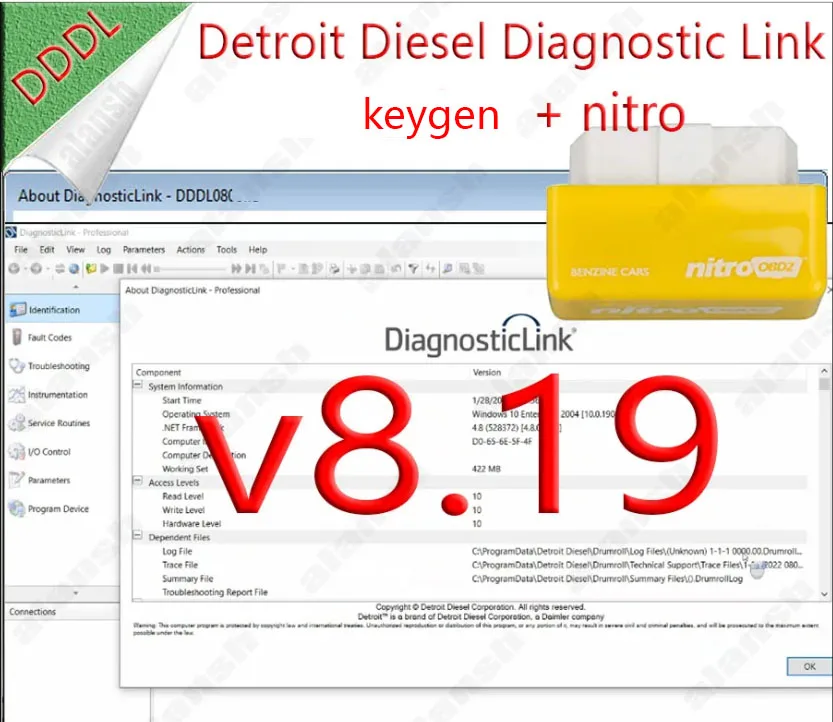 Диагностический адаптер Detroit Diesel Diagnostic Link V8.09 DDDL 8.19 (2026 г.) с данными по устранению неисправностей + Nitro OBD2