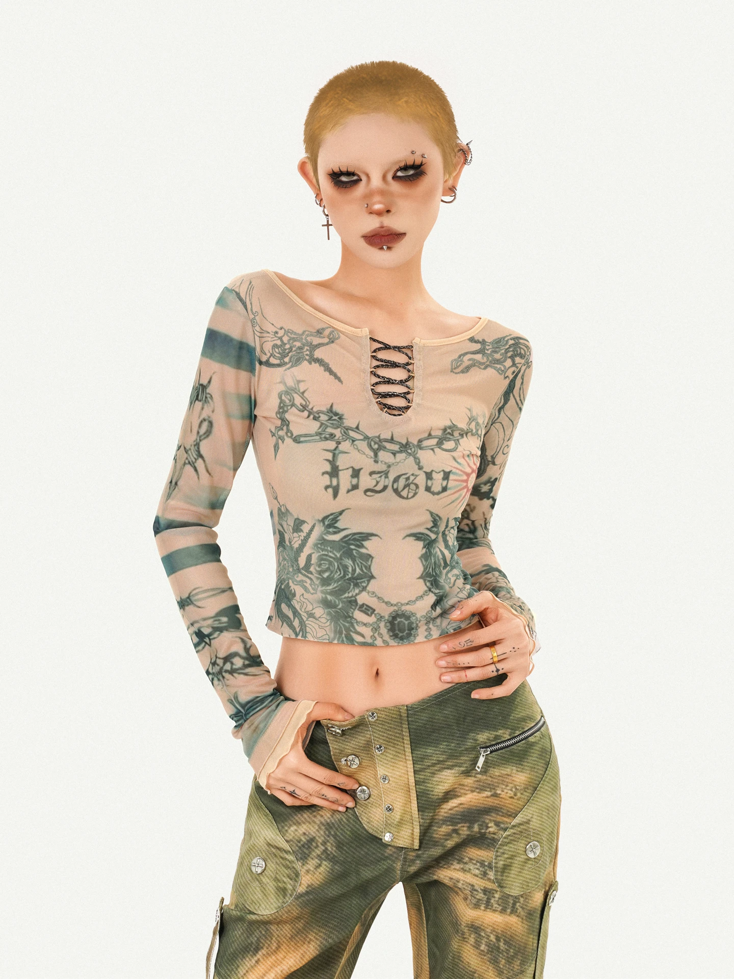Original NICO MOLLY Mesh Base Shirt Long Sleeve Vintage Print Y2K T-Shirt Front Back Wear round Neck Short Length Women Top