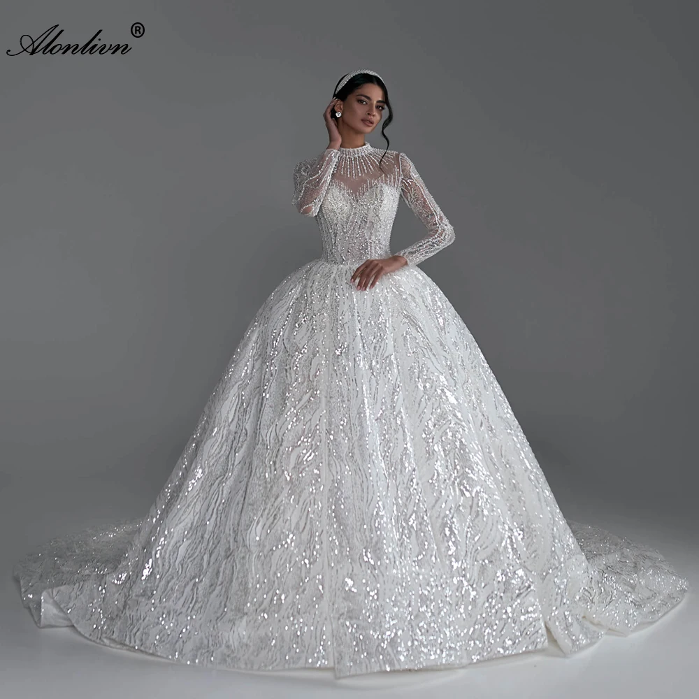 

Alonlivn Luxury Ball Gown Wedding Dress High Collar Beading Pearls Appliques Lace Full Sleeves Bridal Skirts