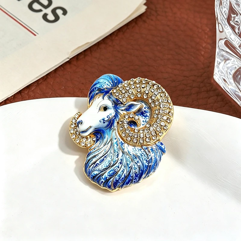 Blue White Enamel Ram Head Brooch Crystal Rhinestone Gold Alloy Sheep Lapel Pin Zodiac Aries Jewelry Gift