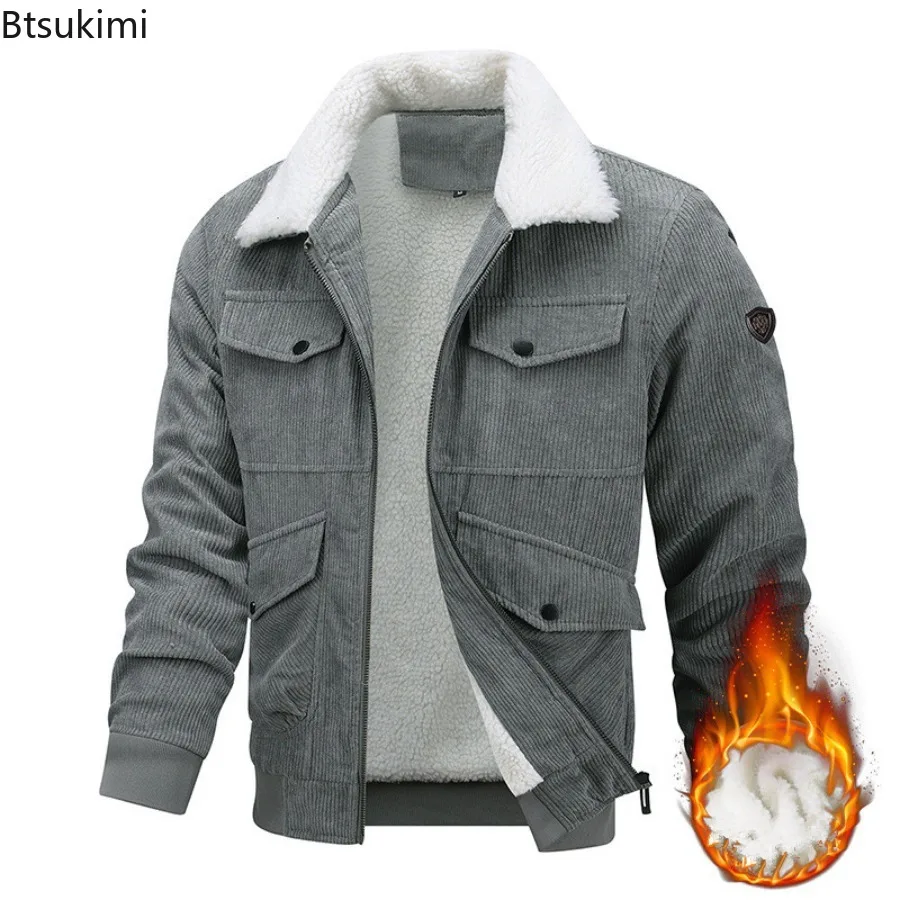 Man's Autumn Winter Flip Collar Coats Fleece Keep Warm Thickening Jackets Fashion Simplicity Pocket Solid Cotton Clothes Male