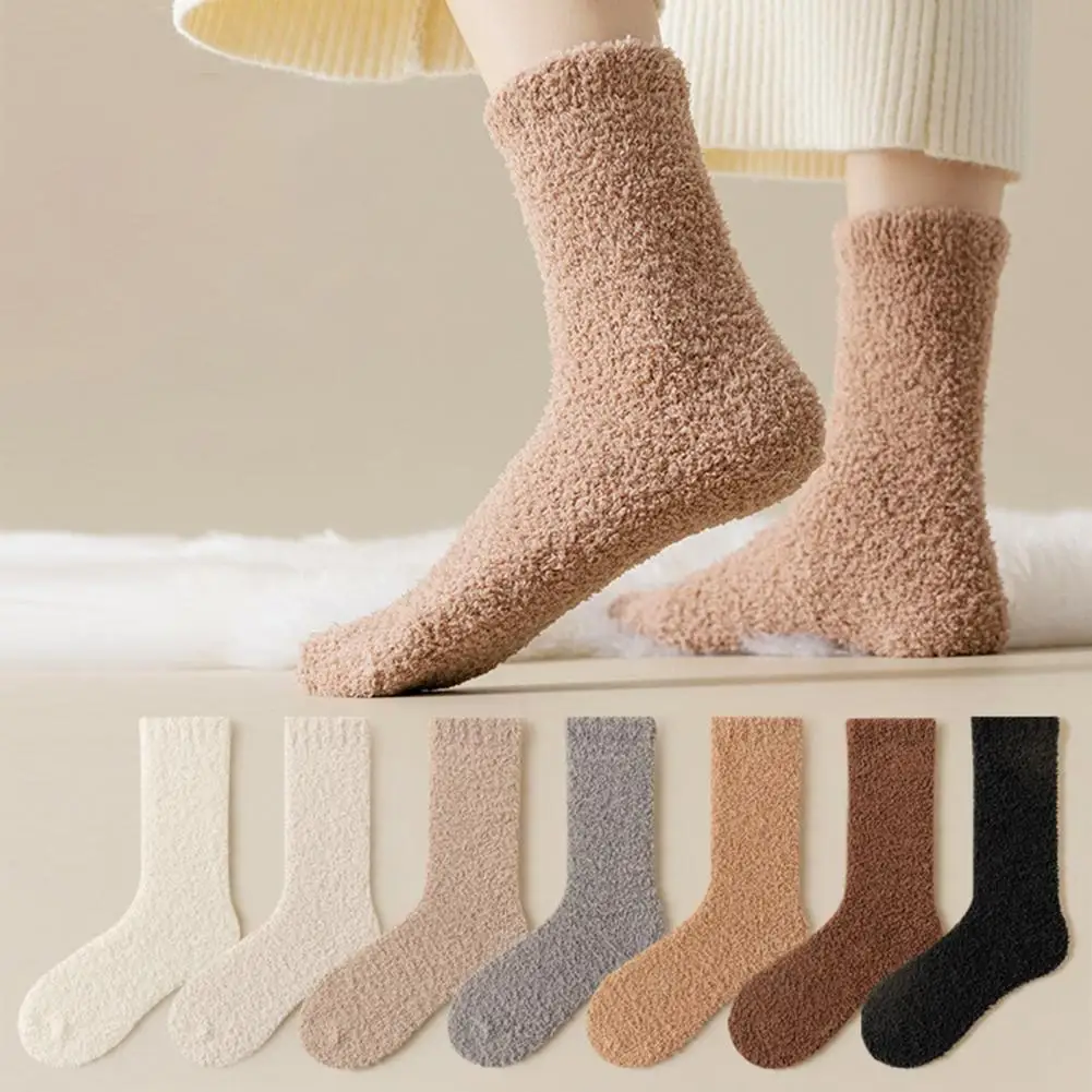 1 Pairs Women Men Slipper Socks Coral Plush Couples Winter Solid Thickened Moonlight Chrismas Mid Tube Warmth Sleeping Socks