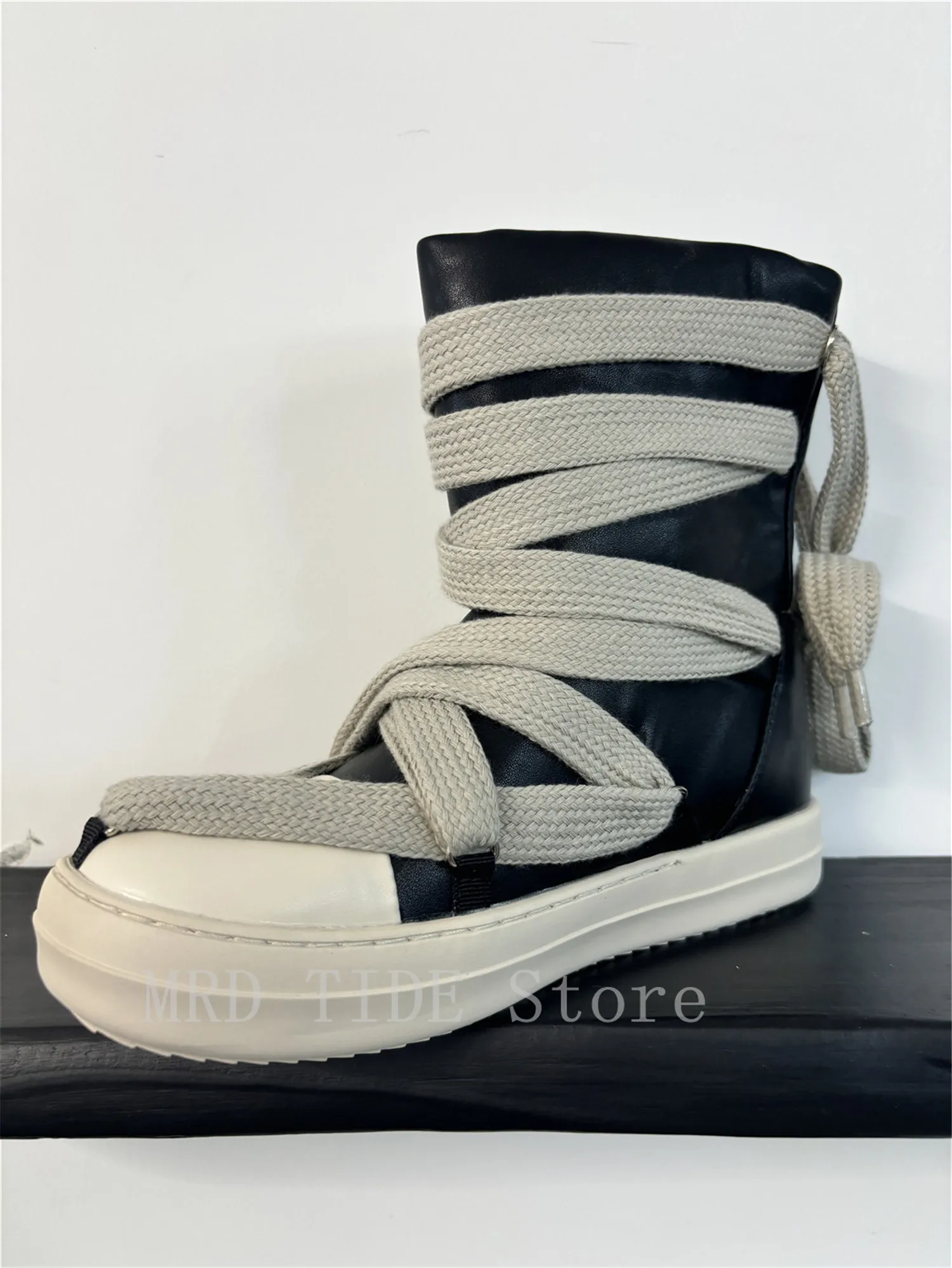 

Men Boots Women High-TOP Ankle Shoes PU Leather Cross-Tide Vintage Luxury Casual Lace-up Flat Black Owen Brand Design Ro