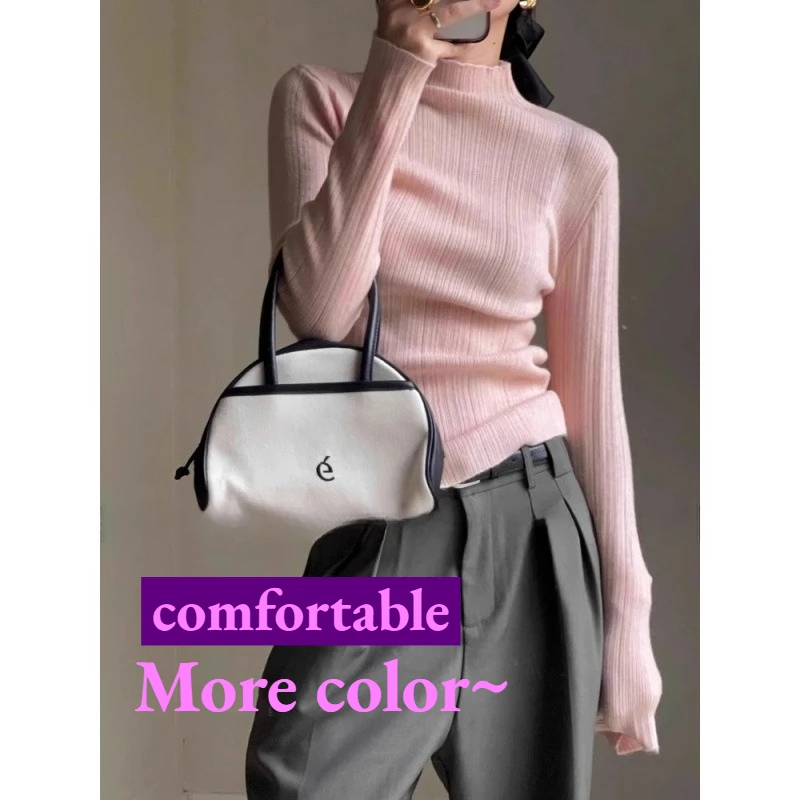 

Gentle Pink Blue Perple Knitted Bottoming Shirt Design Autumn and Winter Slim-fitting Soft Waxy Women's Inner Jumper Pullover