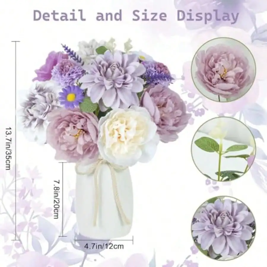 A 18Pcs Purple Fake Flowers With Vase, Silk Purple Artificial Flowers In Vase Dahlia For Coffee Table Decor, 13.7in Faux Flowers Arrangement Suitable For Home Bathroom Kitchen Table Centerpiece