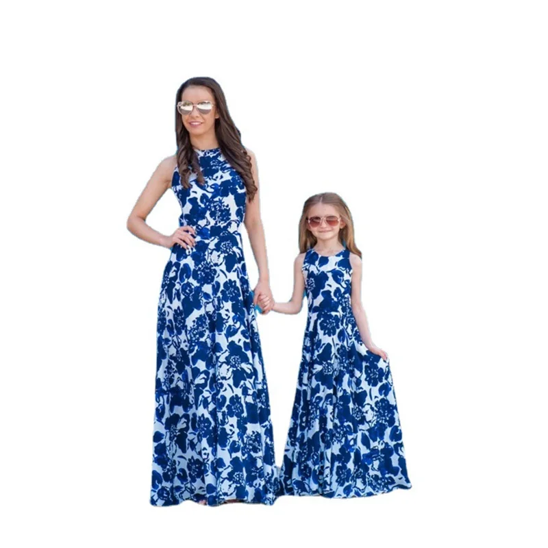 2026 Matching Family Dresses Mum Daughters Sleeveless Printed Frock Summer Girls' Loose Casual Long Dress Kids Fashion Clothing