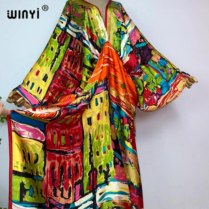 2023 WINYI Sexy Beach High-Quality Silk Feel Fashion Print Maxi Women's Robes Long V-Neck Bohemian Dress Party Evening Dress