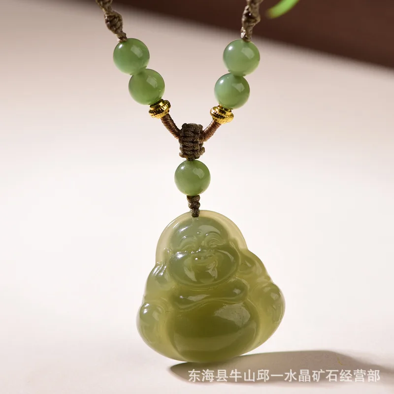 Natural Hetian Jade Laughing Buddha Pendant Chinese Traditional Good Luck Wealth Blessing Adjustable Braided Necklace Unisex Amu view 3