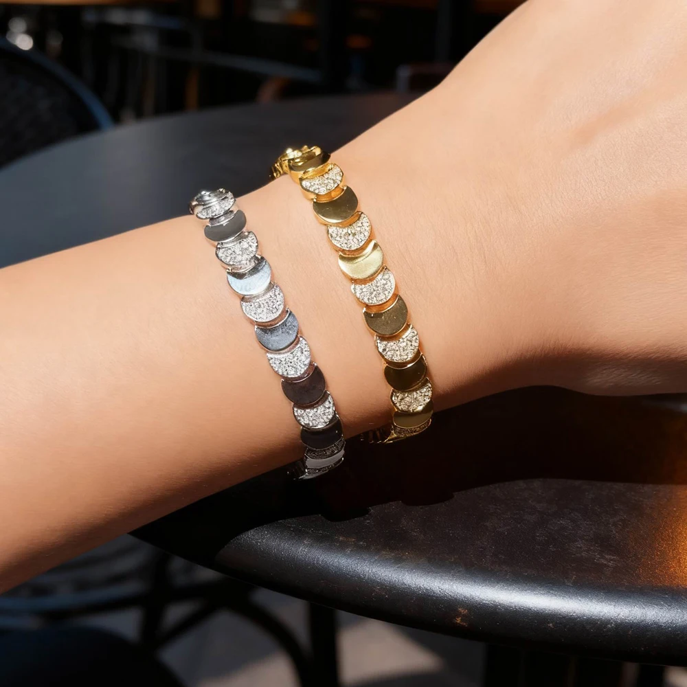 2025Color Geometric Moon Shaped Bling Cz Link Chain High Polished Shiny Gold Color Metal Bracelet Necklace Fashion Women Jewelry