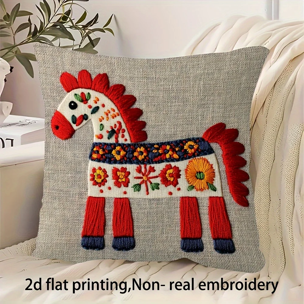 Double Sided Boho  Dala Horse Pillow Cover 2D Folk Art Flower Print Soft Throw Pillow Case for Home Decor Gift