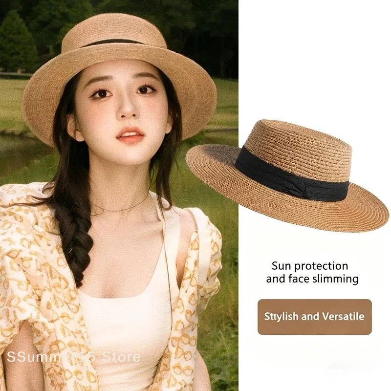 【R】Fashion French Style Flat Top Straw Hat Beach Sun Hat Travel Vocation Women Summer Straw Hat