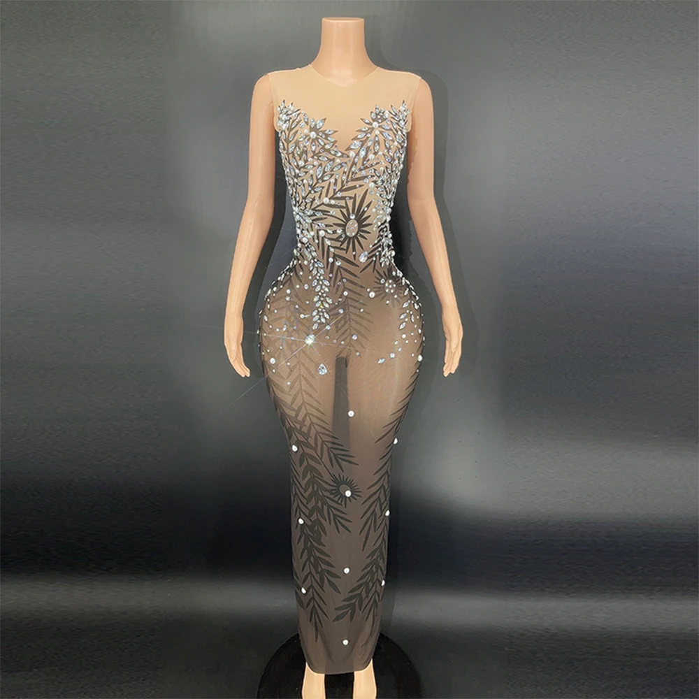 Customized Sexy Lace Sleeveless Transparent Diamond Sequins Water Diamond Wrap Hip Dress Long Dress Performance Dress PartyDress