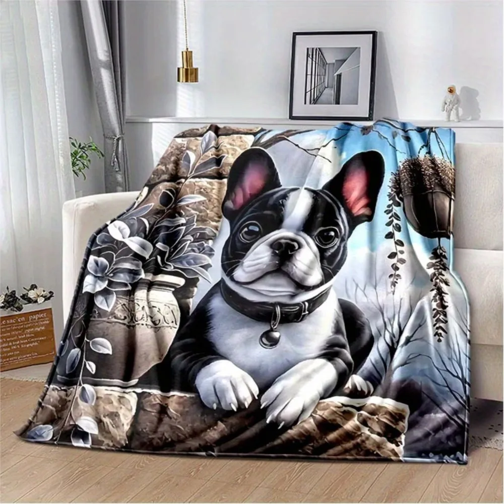 1Pc Personalized French Bulldog Blanket Pet Art Soft Fleece Throw Dog Lover Gift Home Decor Animal Theme, Suitable for Sofa, Bed