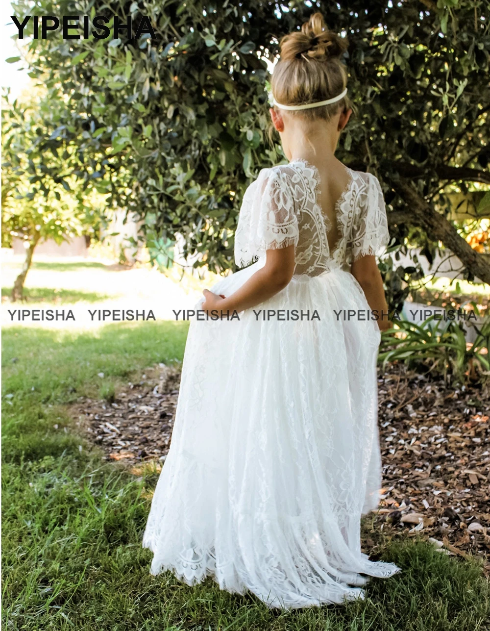 Yipeisha – robe en dentelle à fleurs pour filles, longueur au sol, robe de première Communion pour enfants à manches courtes, ligne a, robe de soirée formelle pour enfants