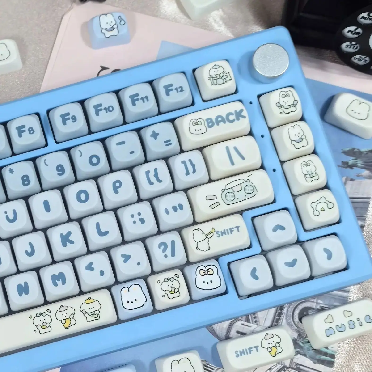 

БОЛЬШАЯ ПРОДАЖА, колпачок для клавиш с милым кроликом и щенком, пятнистый мультяшный колпачок, синий, 136 клавиш, ПБТ для 64,75,84,68,87,98,104,108, клавиатура «сделай сам»