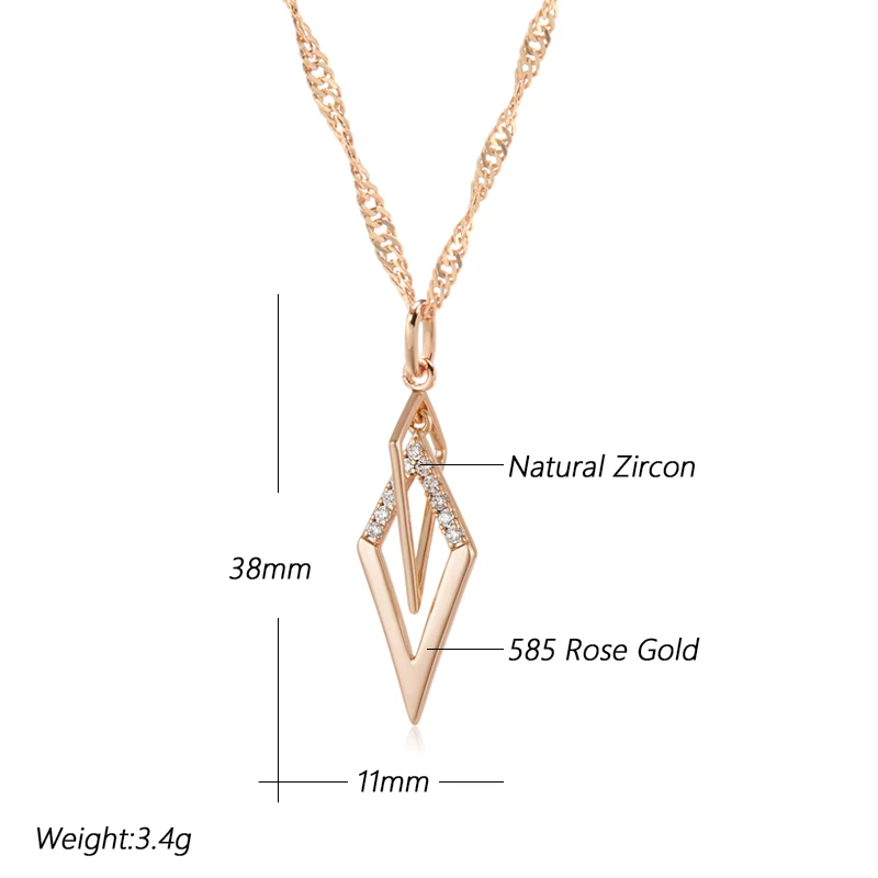 Kinel Fashion Glossy Hollow Rhombus Pendant Necklace for Women Unusual Natural Zircon 585 Rose Gold Color Daily Fine Jewelry