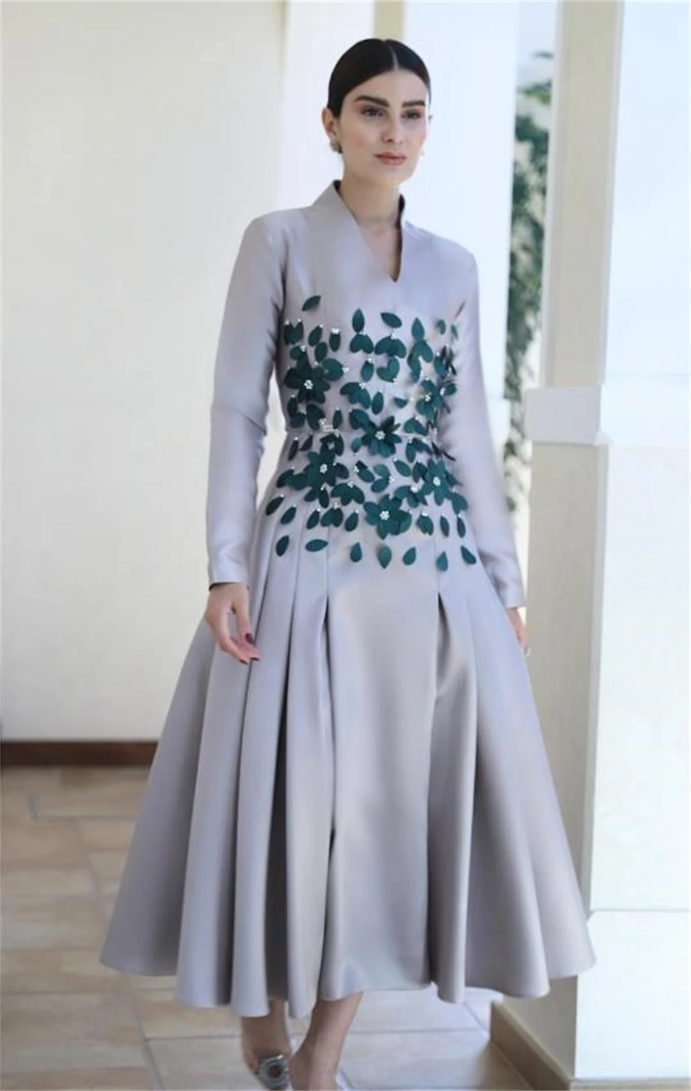 

Sparkle Exquisite Customized Jersey Flower Beading Ruched Engagement A-line V-neck Bespoke Occasion Gown Midi Dresses