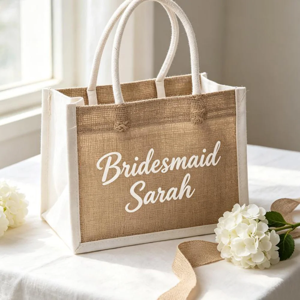 

Natural Linen Canvas Tote Bag With White Side Panels Custom Print Bridesmaid Name Wedding Gift Tote For Her