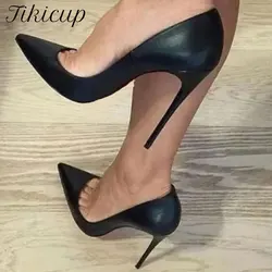 Tikicup Sexy 12/10cm Black Matte Women Pointed Toe High Heels Elegant Ladies Chic Shallow Stiletto Pumps OL Fashion Dress Shoes
