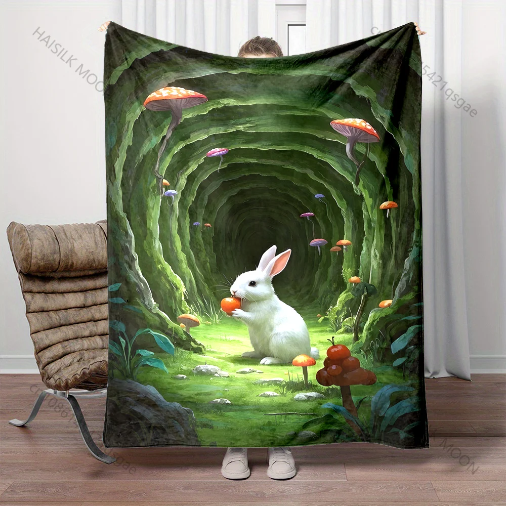 Multiple sizes Rabbit forest mushroom tunnel print blanket adult children warm for home travel soft and comfortable blanket